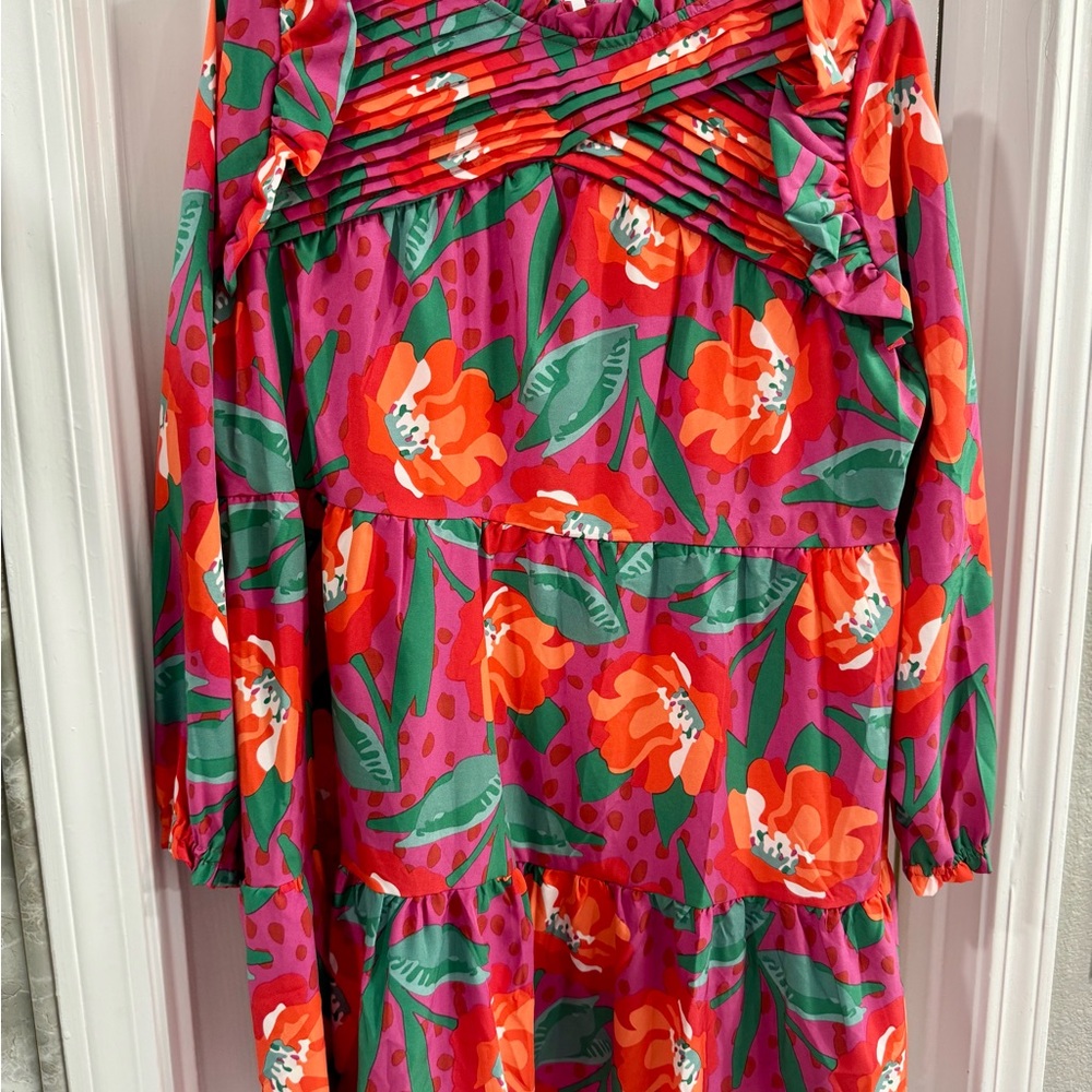 Orange and Pink Ruched Off-Shoulder Sundress with Bishop Sleeves